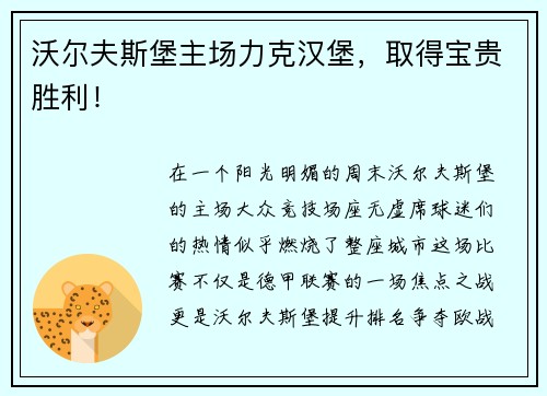 沃尔夫斯堡主场力克汉堡，取得宝贵胜利！